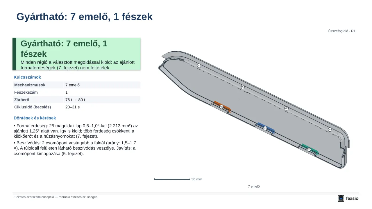 Riportoldal: Gyártható, 7 emelő, 1 fészek, kulcsszámokkal, a döntésekkel és az alkatrész izometrikus képével az emelők helyével.